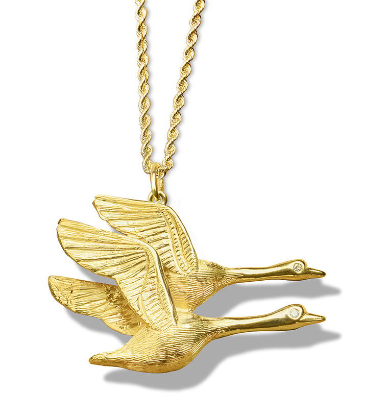 Geese Pair Flying with Diamond Eyes Pendant 